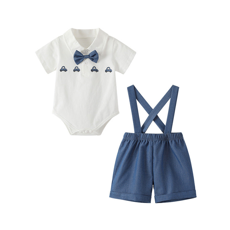 One-year-old baby boy's  new gentleman's preppy style overalls set, summer lightweight shirt and shorts short-sleeved formal wear