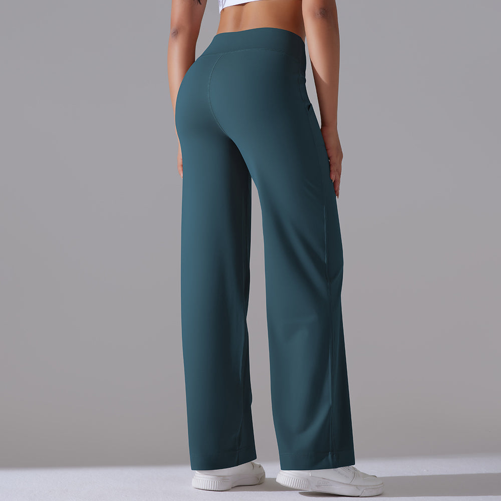 New arrival brushed breathable high waist elastic loosecasualflap pocket pants wide leg nine-point pants running fitness yoga bottom pants