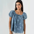 european and american new arrival cross-border  short printed tie-waist washed bubble sleeve women's denim top
