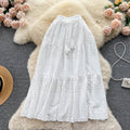 Elegant hollow-out lace embroidered crochet midi skirt - women's tie-waist high-waisted slimming sweet versatile vacation style fairy skirt