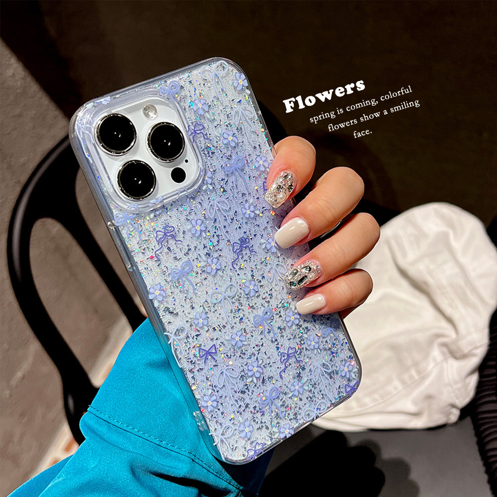 Suitable for iphone17promax blue butterfly flower mobile phone case glue glitter apple 16 anti-fall protective cover