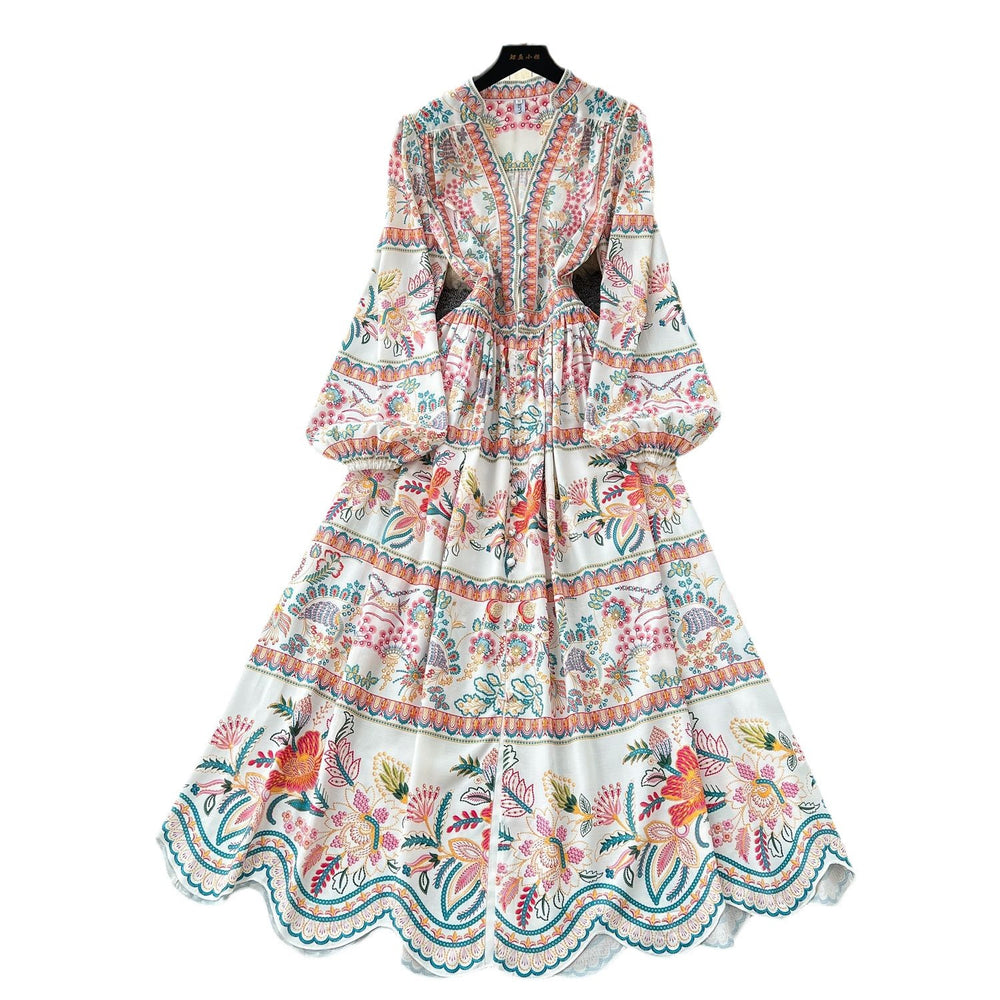 European and american style vintage print dress for women, new spring  collection, slim fit, elegant v-neck, single-breasted long dress