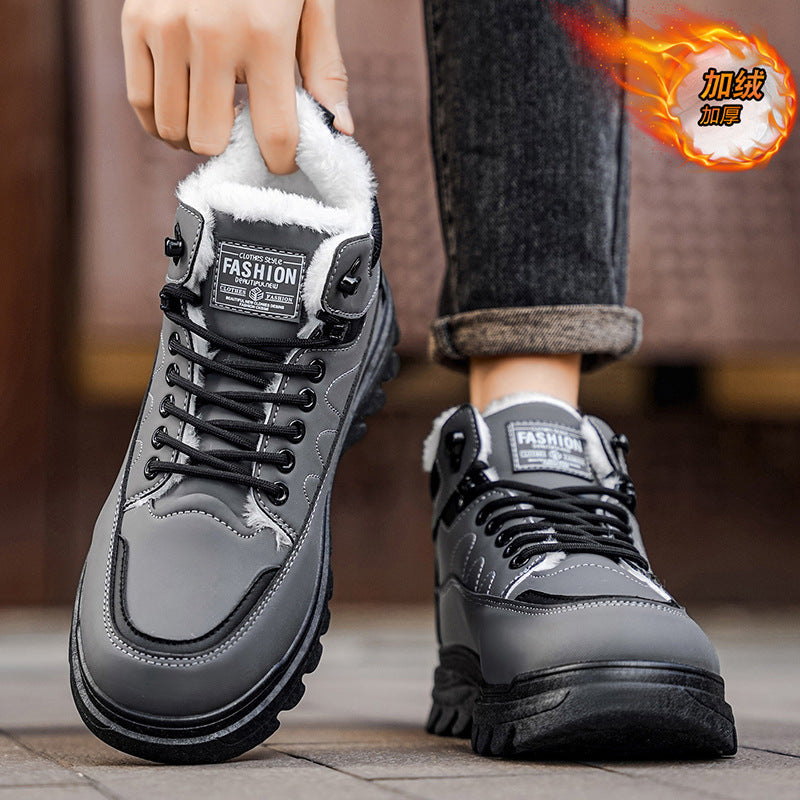 2025 winter men's high-top fleece-lined warm leather shoes, black korean style martin boots, thickened casual cotton shoes, dad shoes