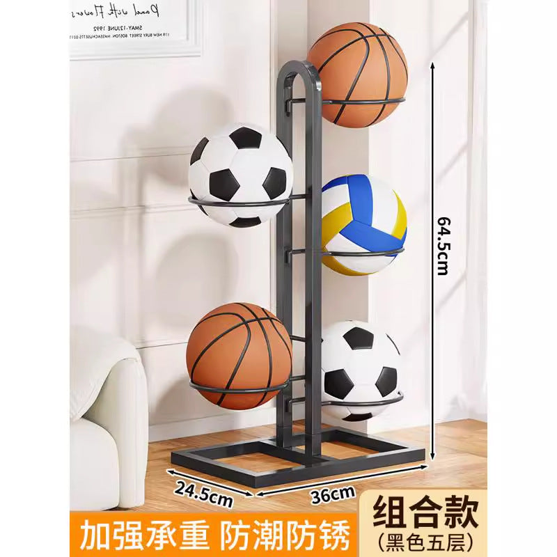 Basketball storage rack - home floor-standing foldable basketball hoop with soccer & volleyball storage - multi-tier sports ball organizer