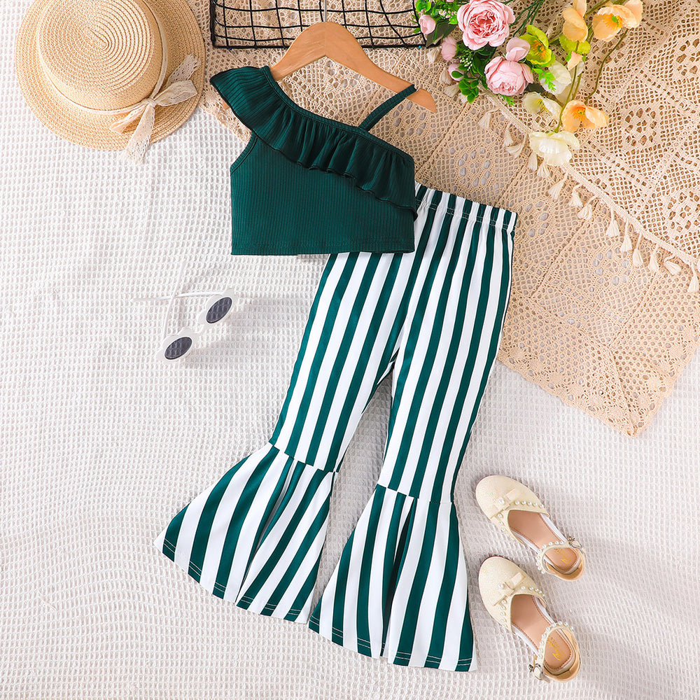 fashion children's wear cross-border girls' ruffles suspender tops stripes flare pants suit children's wear