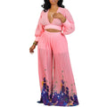 D440 independent station foreign trade wholesale v-neck chiffon lantern sleeve tops pleated wide-leg pants two-piece set fashion suit