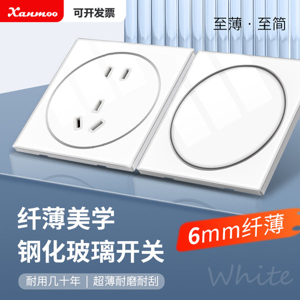 Ultra-thin white pure flat tempered glass switch socket panel 86 wall concealed household one-open five-hole socket