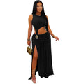 C7597 cross-border   fashion women's sexy solid color sleeveless cropped slit dress