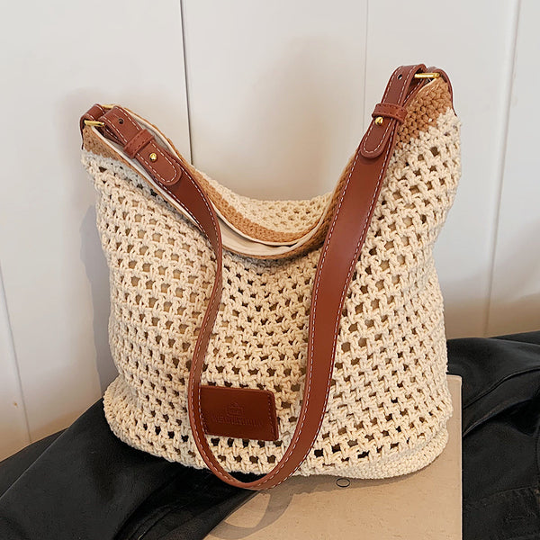 Summer fashion hollow woven bag women's 2025 new ins simple temperament shoulder bag large-capacity vacation women's bag