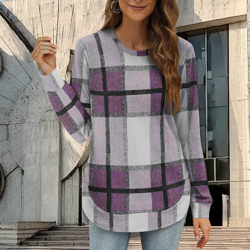new women's casual loose plaid long sleeve crew neck irregular hem top - perfect for cross-border  sales