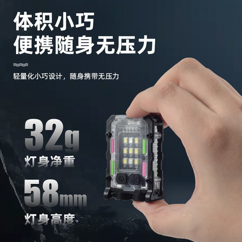 Cross-border keychain light Outdoor dual light source Strong light Mini flashlight Cap clip light Self-defense work Red and blue warning light