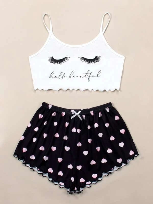 exclusive knitted tank top and camisole set with various pattern prints, comfortable and lightweight women's loungewear pajama set with shorts