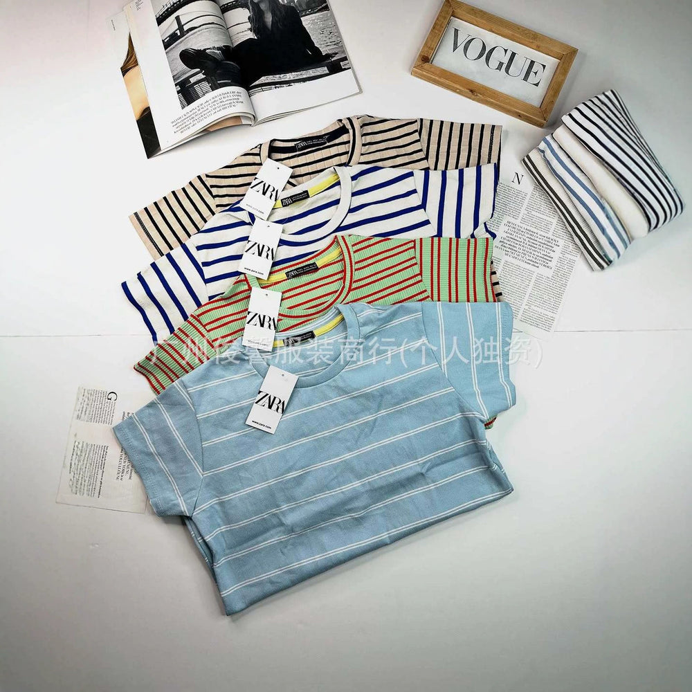 New women's short-sleeved t-shirt stripestopsin stock wholesalewomen's t-shirt wholesale short