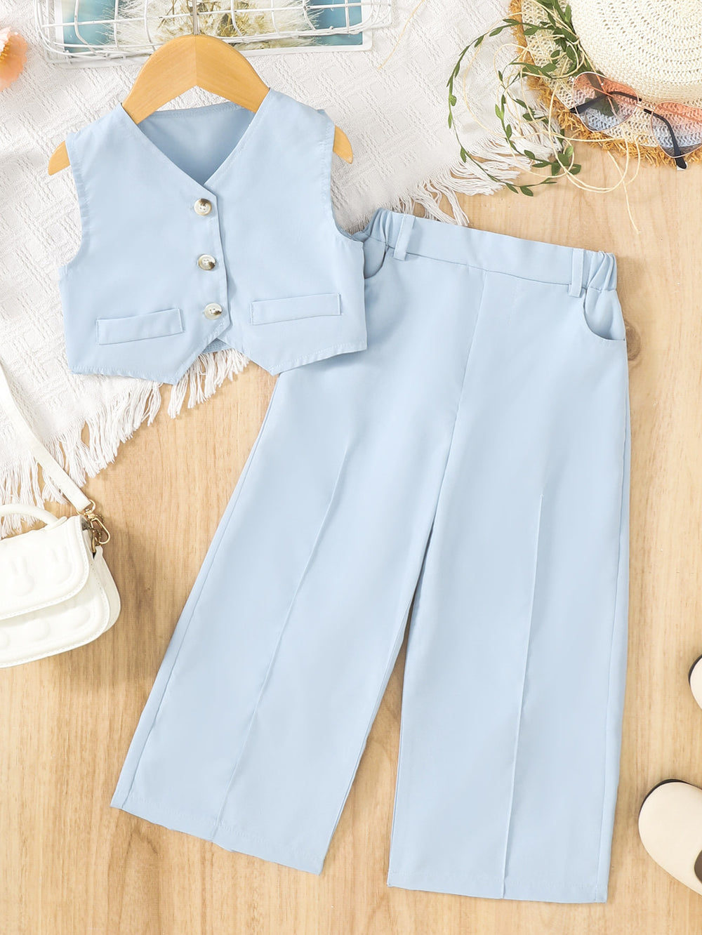summergirlsuitvest topscasual suitpantslight purplekidstwo-piece pantssuit