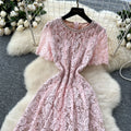 French chic beaded crew neck short sleeve lace dress - women's summer slim fit flattering little black dress style evening gown