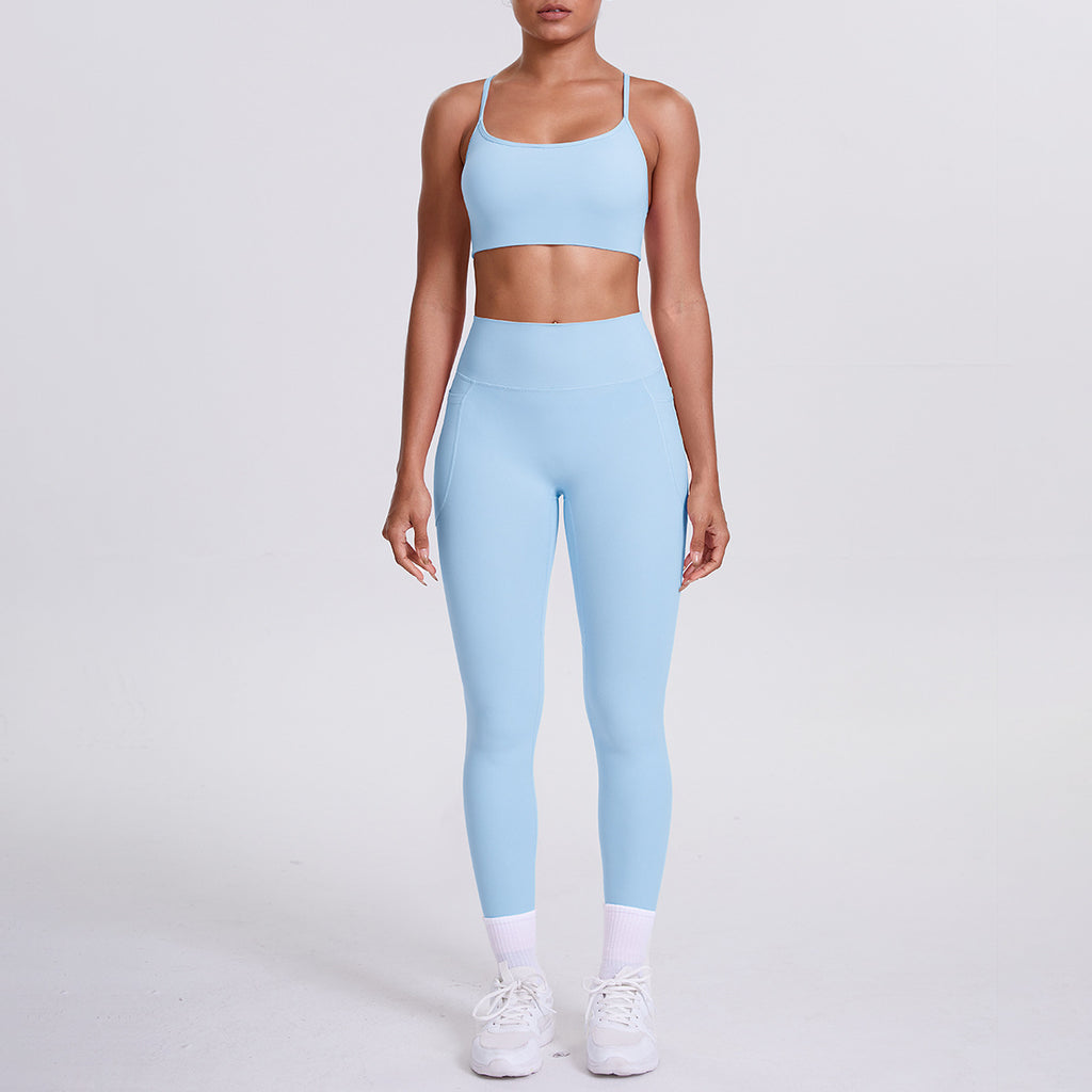 Spot European and American nude sports pocket trousers sexy suspenders sports beautiful back running fitness pants yoga suit set