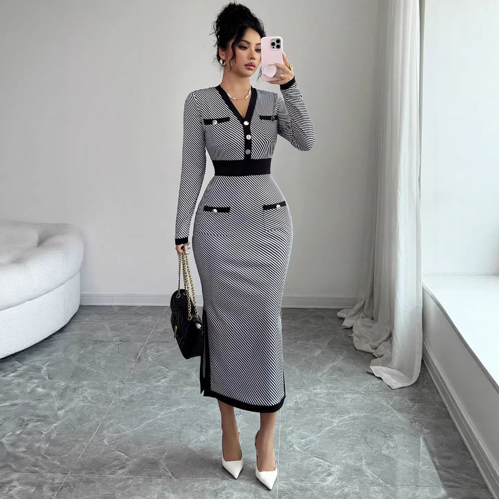 fashion  new arrival: chic & sophisticated v-neck black knit dress -  spring collection