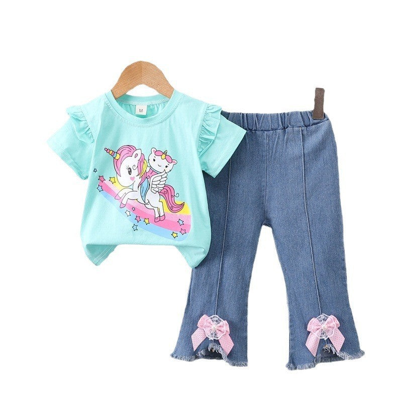Girls' outfit  new cartoon cute animal korean style denim shorts lace short sleeve two-piece set for young children and toddlers