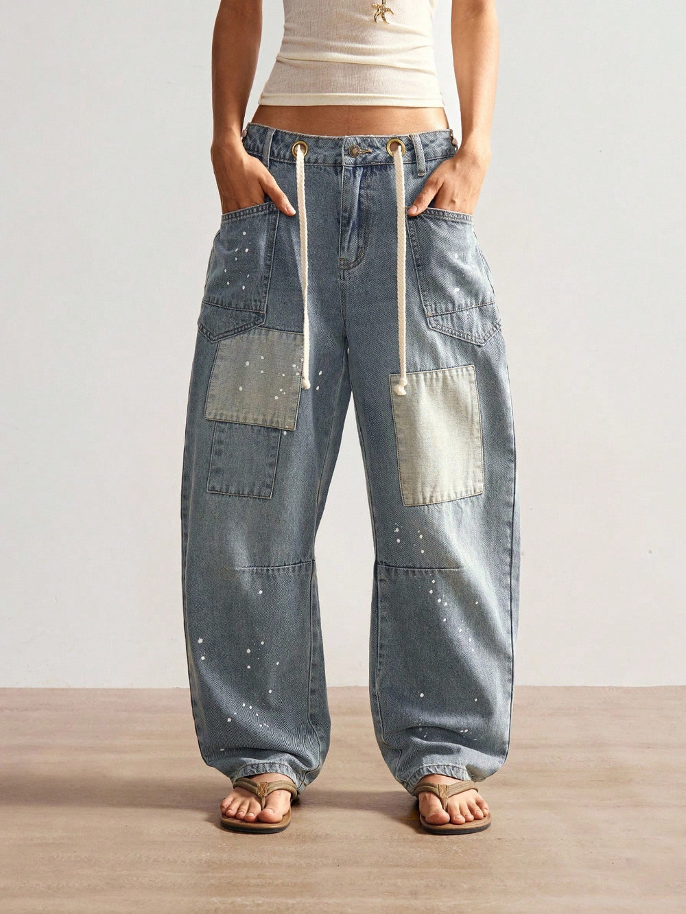 Fashionjeans women's patchwork patch splash ink wide-leg jeans high waist drawstring loosestraight-legcasualpants