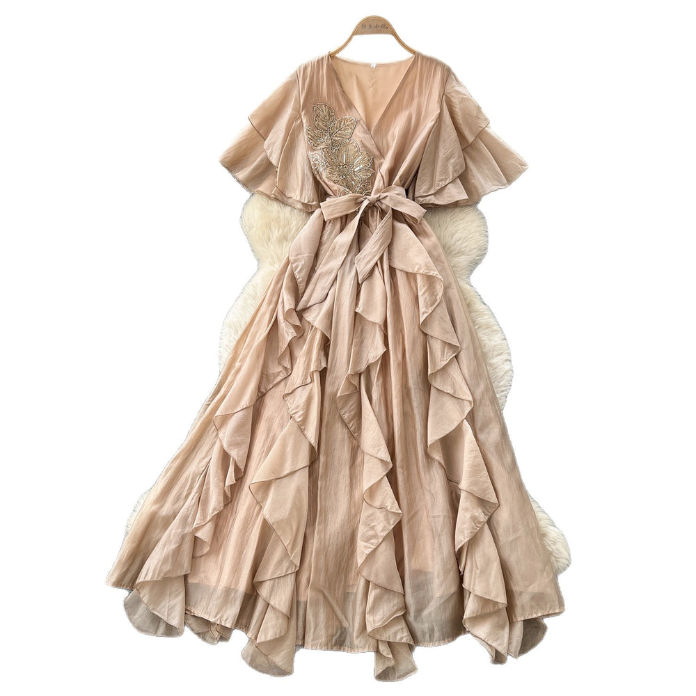 French chic v-neck flutter sleeve dress - new  collection: slimming, figure-flattering, ruffle hem maxi dress for an elegant and refined look