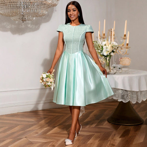 Summer new round neck rose jacquard bridesmaid dress, bow straps elegant party dress dresses