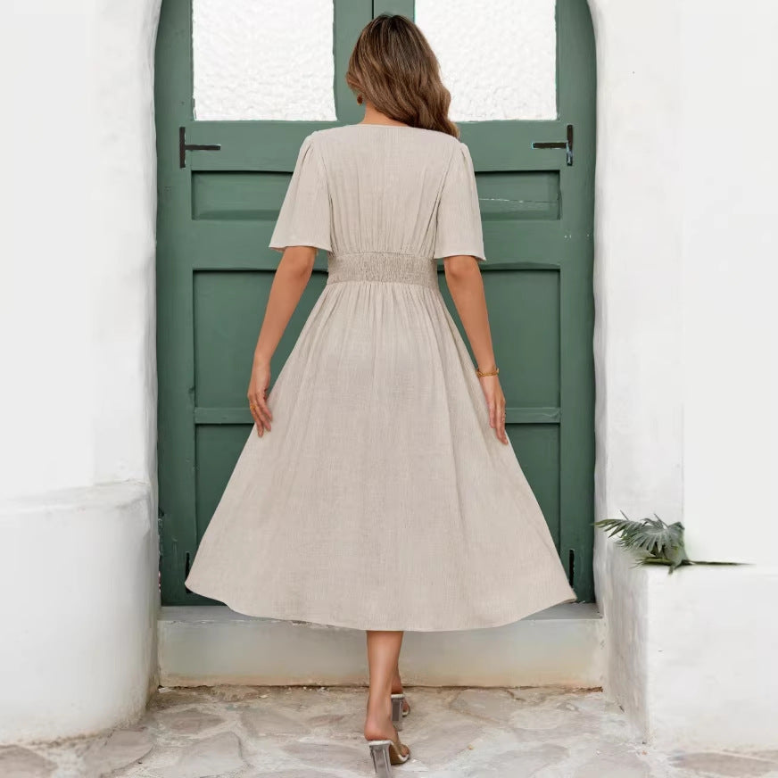 Summerv neck short-sleeved dresselegantelegance flying sleeves back waist high slit dresslong women's clothing