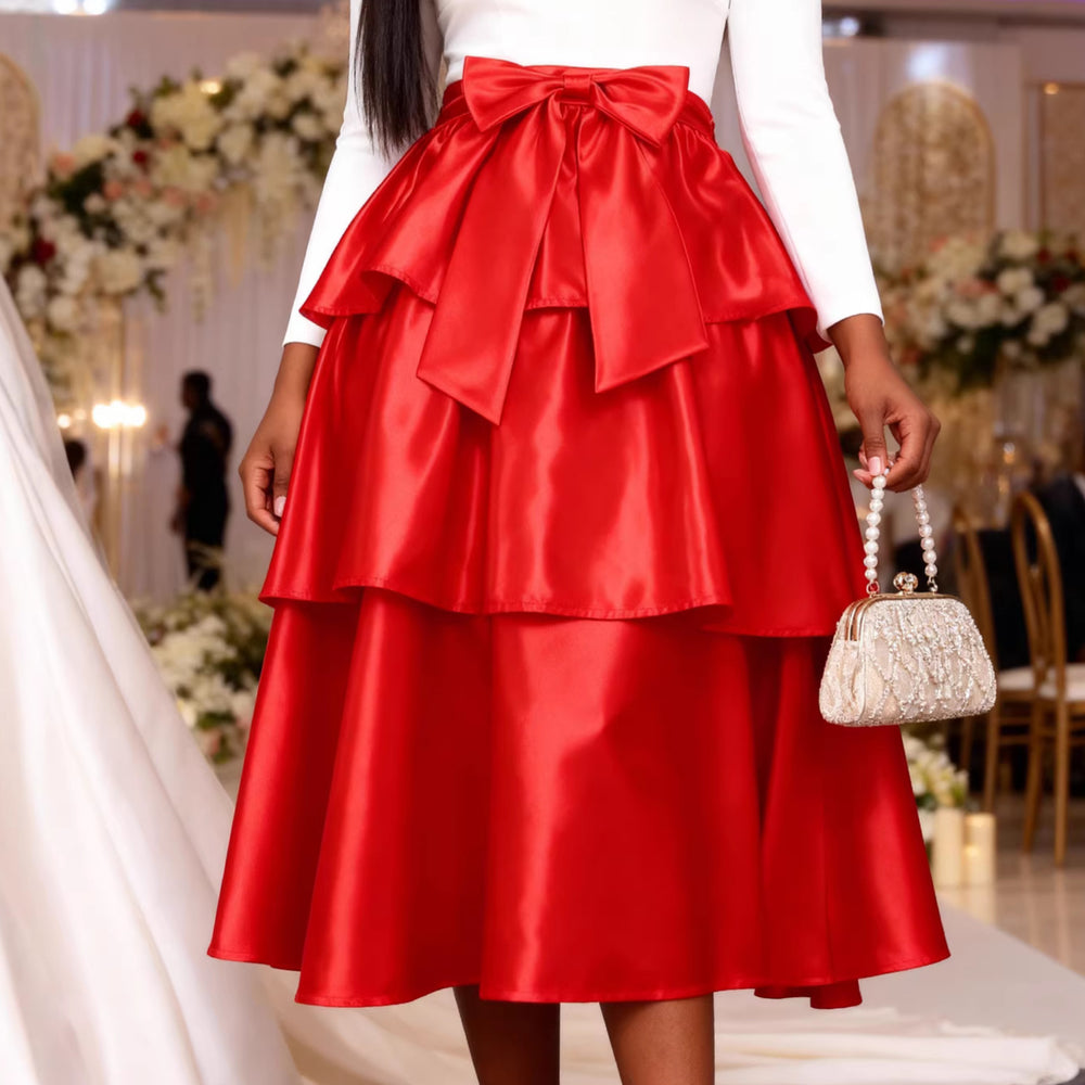 new satin cinched waist slimming cake skirt - high waist versatile bow party everyday midi skirt