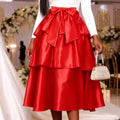 new satin cinched waist slimming cake skirt - high waist versatile bow party everyday midi skirt