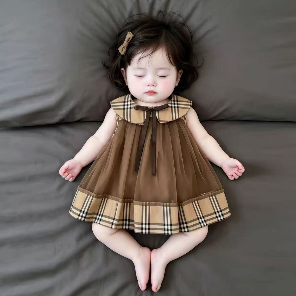 Summer chic sleeveless bowknot girl's korean style plaid peter pan collar dress with mesh panel princess dress for summer