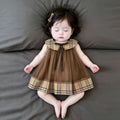 Summer chic sleeveless bowknot girl's korean style plaid peter pan collar dress with mesh panel princess dress for summer