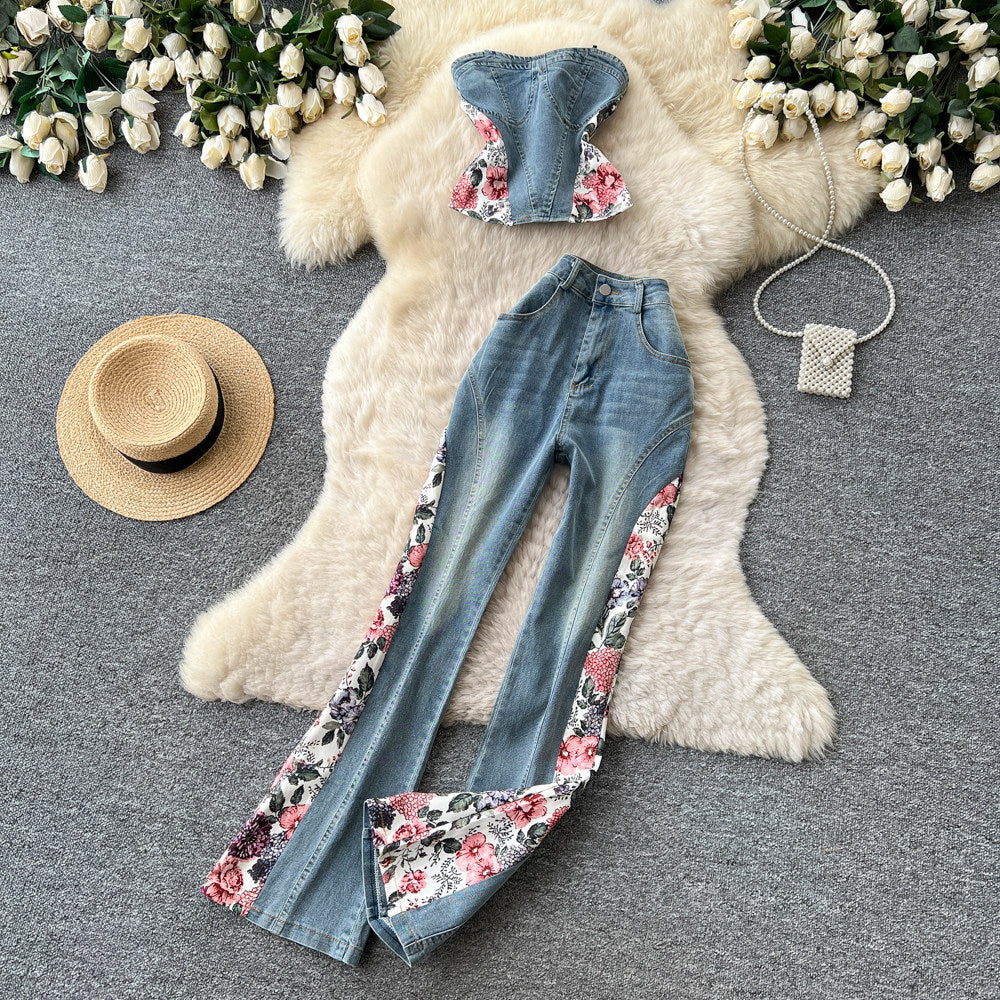 American retro floral embroidered denim two-piece set for women - summer slim fit, stylish and chic