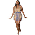 C5871 cross-border fashion new sexy nightclub hot diamond backless halter jumpsuit tassel short skirt two-piece set for women
