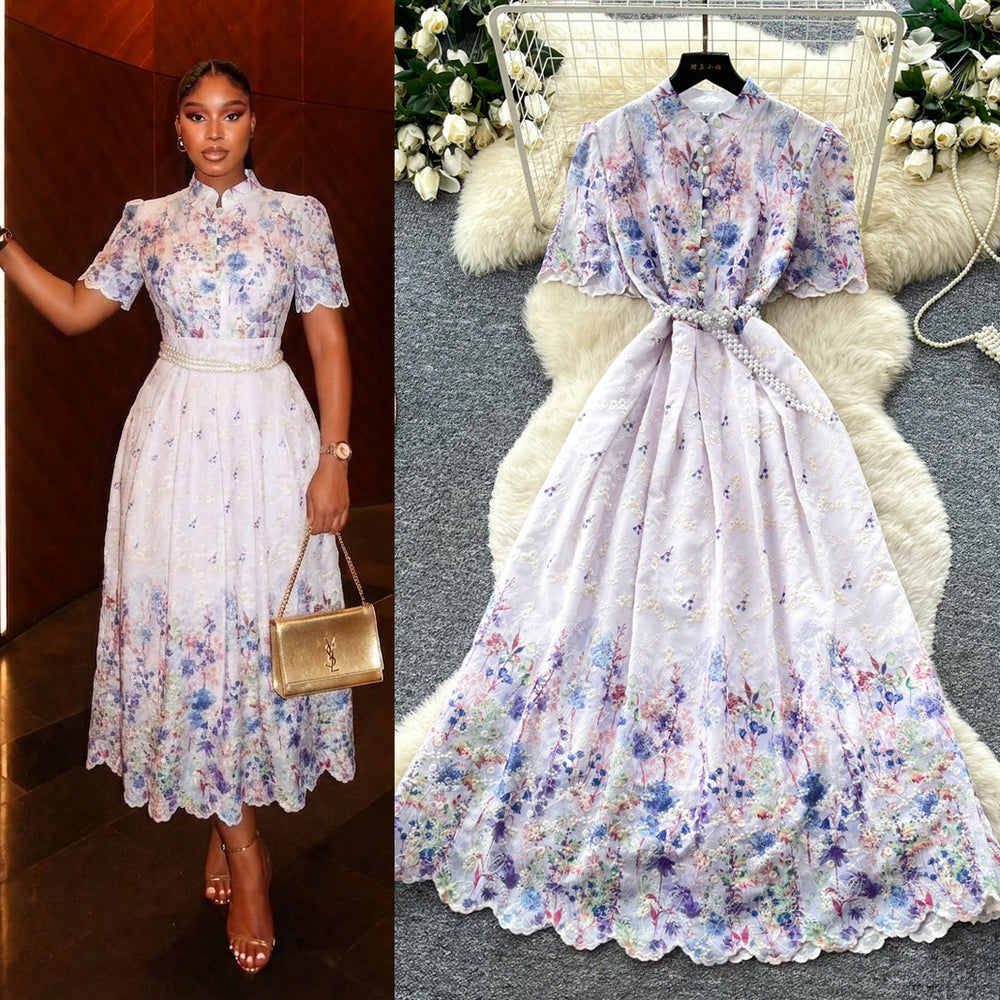 Vintage floral hollow-out short sleeve lace embroidery dress - women's summer high-waisted a-line maxi dress - slimming and elegant