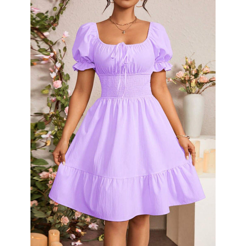 fashion  summer new arrivalelegantrufflespure color puff sleeve square neck shortdress