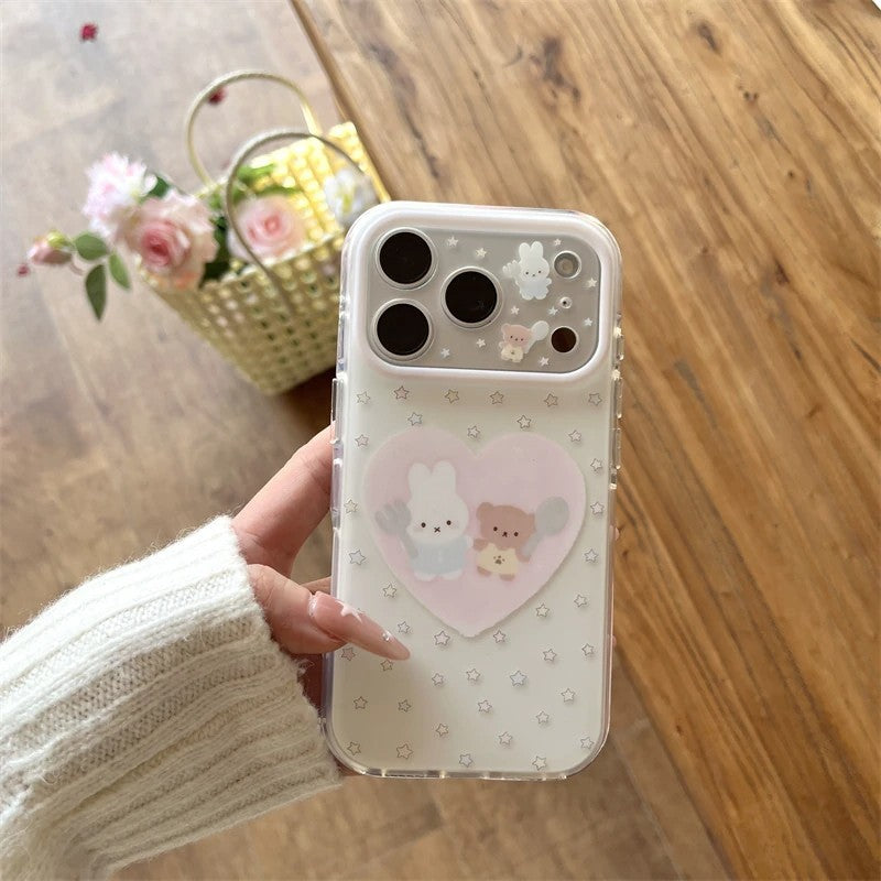 Large view white border phone case for iphone 18, apple 17 pro max - star, heart, rabbit, and bear design protective cover