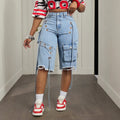 Street workwear fashionjeans women's multi-flap pocket pants eye strap raw edge ripped pants washed light blue denim pants