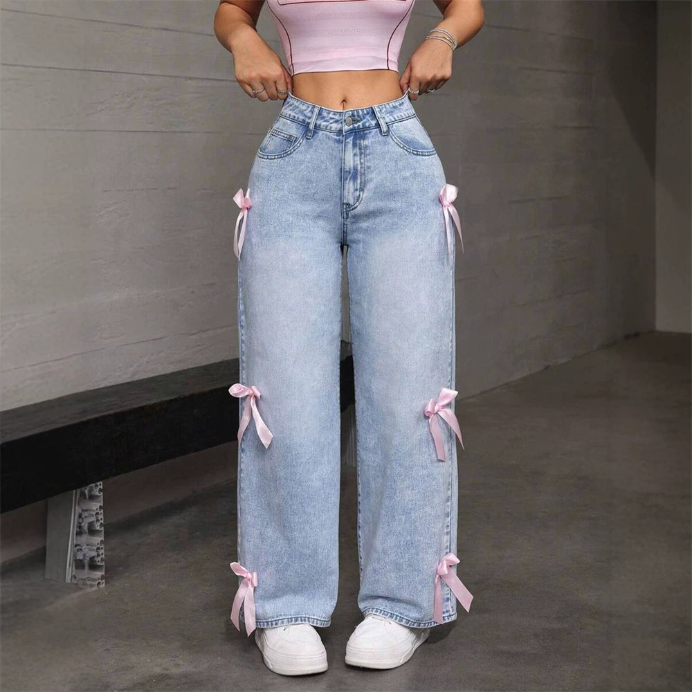 hot selling jeans women's straight-legbowspants street hot girl loose washed jeans