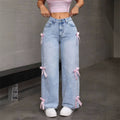 hot selling jeans women's straight-legbowspants street hot girl loose washed jeans