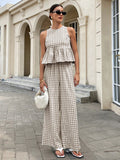 cross-border fashion: european & american  style - sleeveless round neck ruffle hem top with high-waisted straight-leg pants