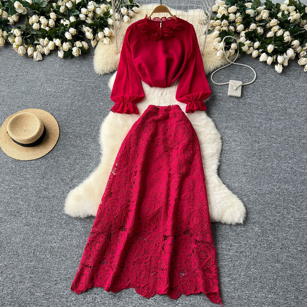 Elegant two-piece set: women's high-end 3d floral french long-sleeve blouse + high-waisted midi lace skirt