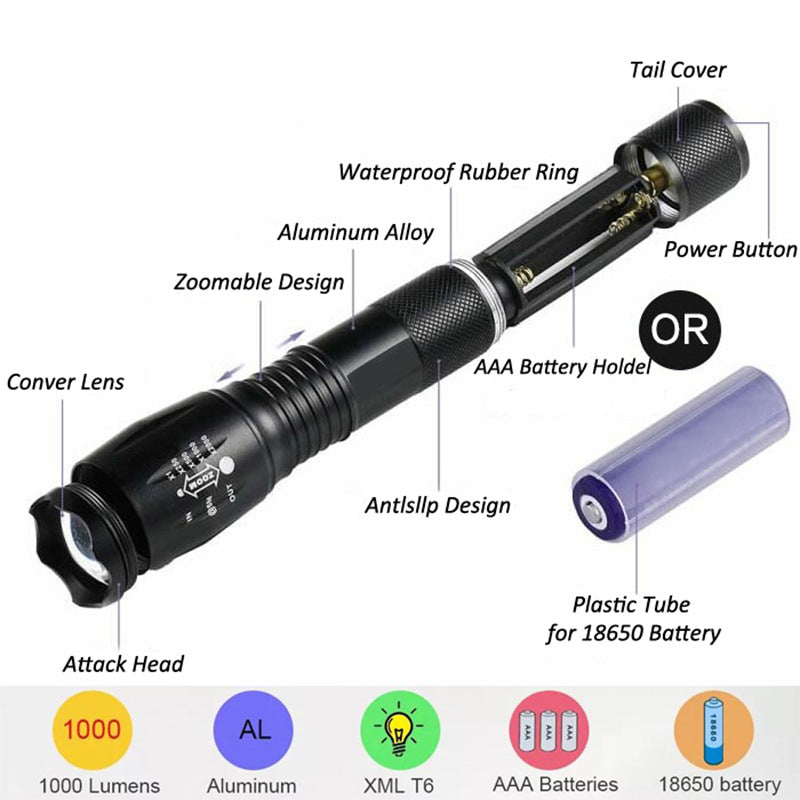 Cross-border telescopic zoom strong light flashlight household outdoor night fishing night riding easy to carry strong light flashlight