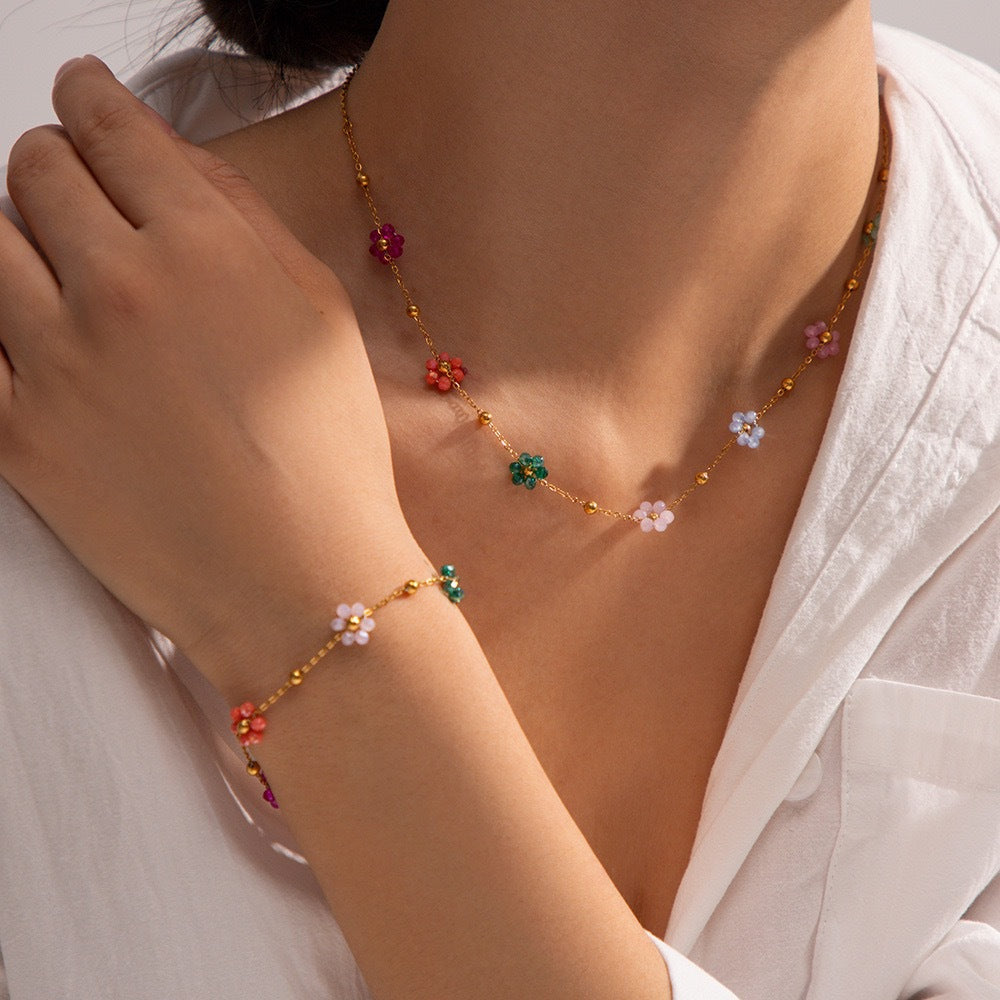 european and american small fresh flower stainless steel bracelet for women niche style design ins style titanium steel necklace set for women