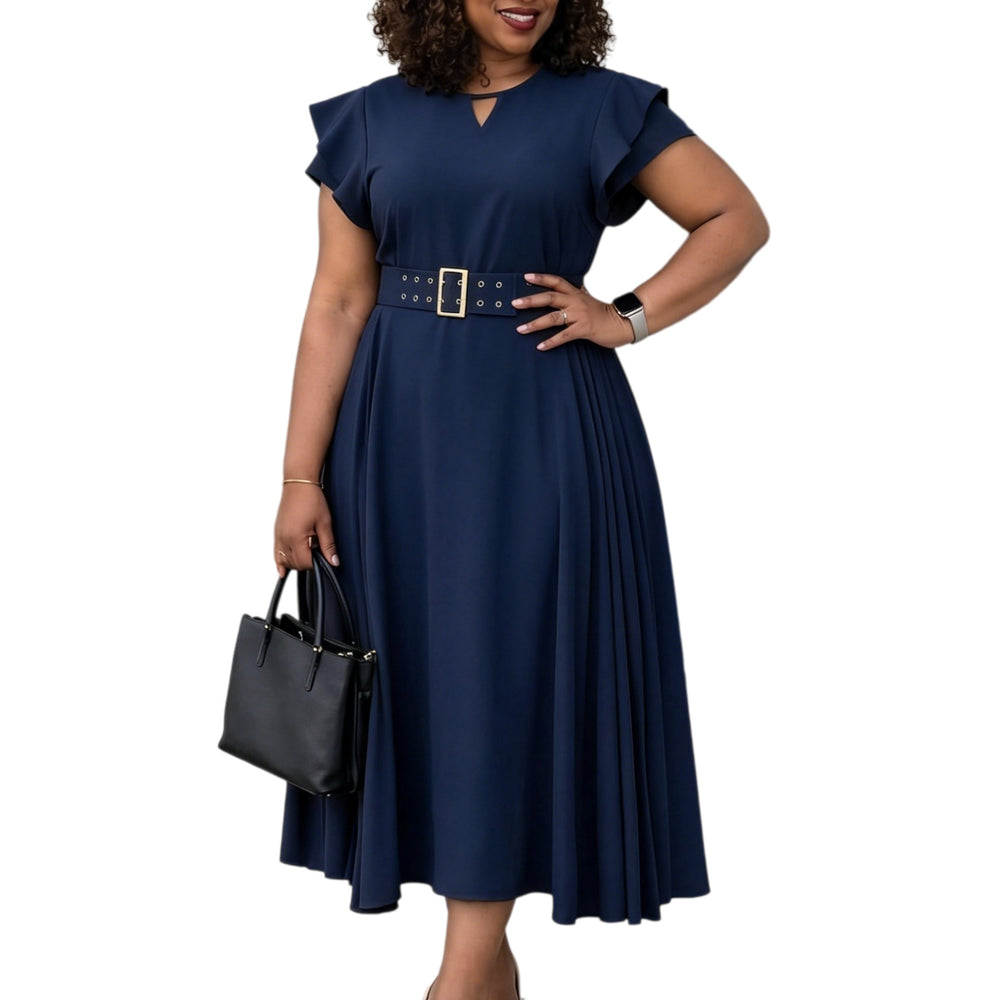 D629 european and american cross-border e-commerce summer new women's ruffle short sleeve solid color high waist midi pleated dress