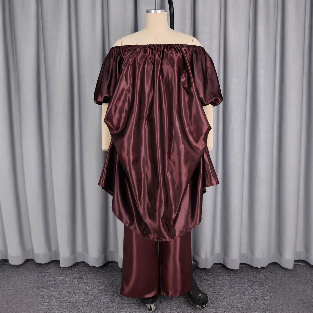 Plus size satin african robe set - one-shoulder asymmetrical loose top & flowy wide-leg pants - casual two-piece outfit