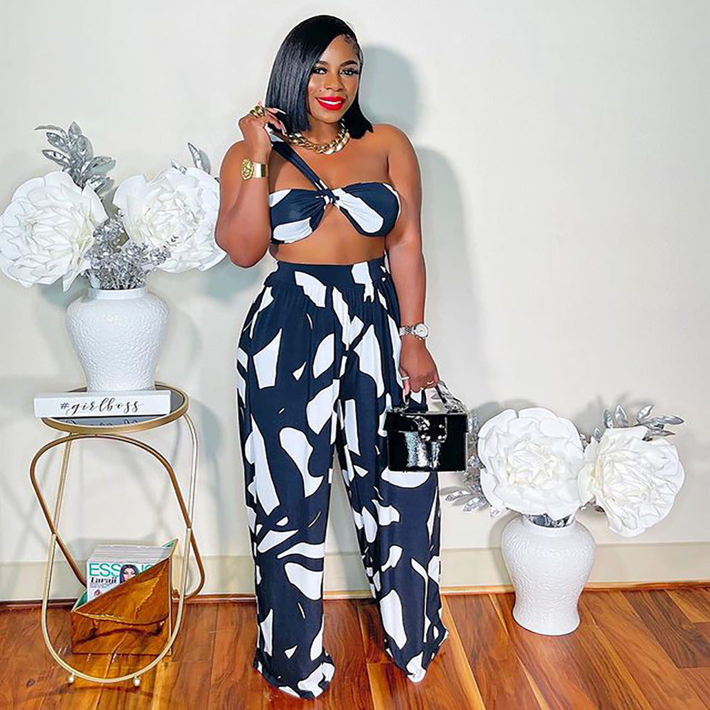 European and american cross-border women's clothing  set fashionable sexy tie-dye bandeau top and wide-leg pants two-piece set