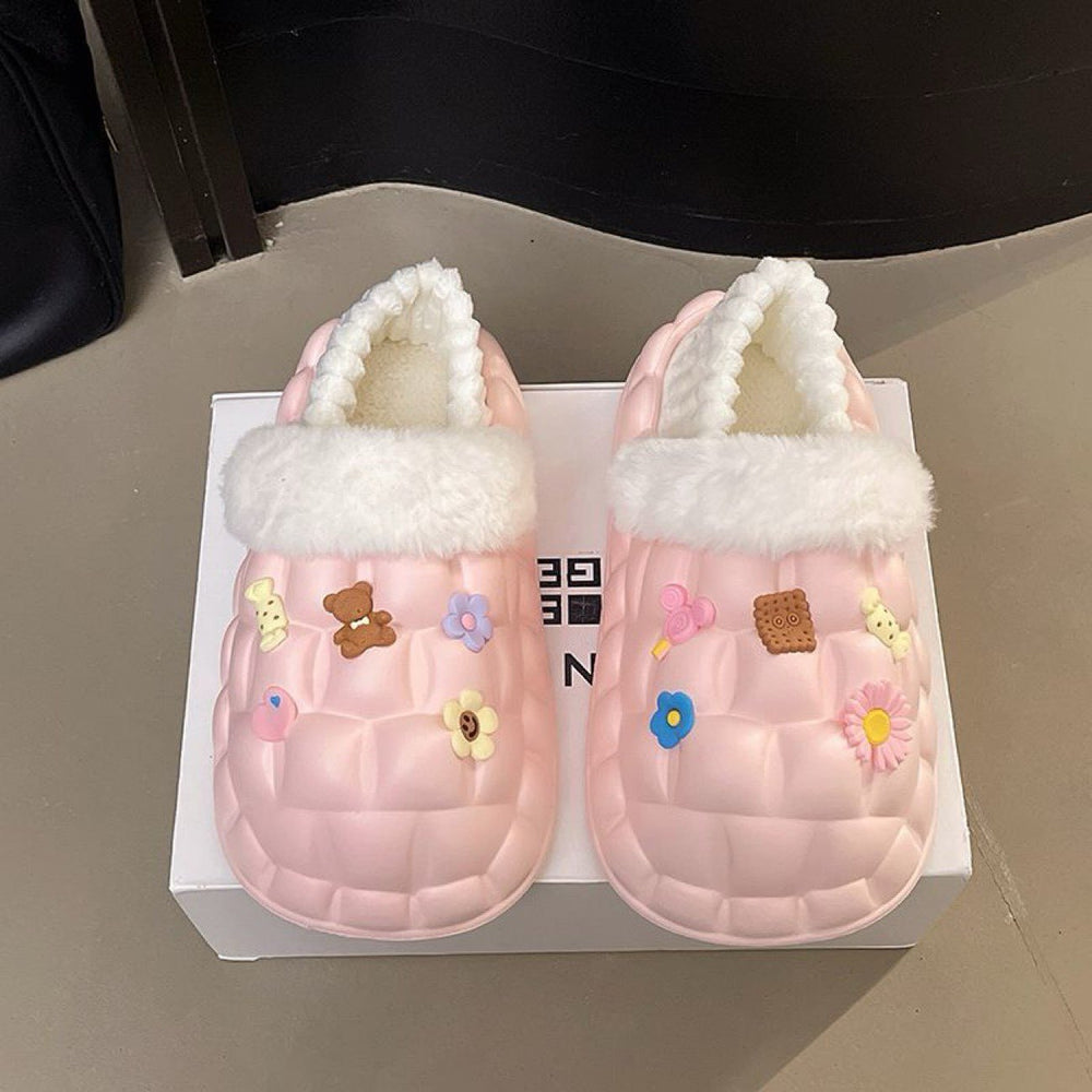 2025 cotton slippers - removable & washable, women's winter home & outdoor wear, thick sole, closed heel, fleece-lined, cartoon design, warm & cozy