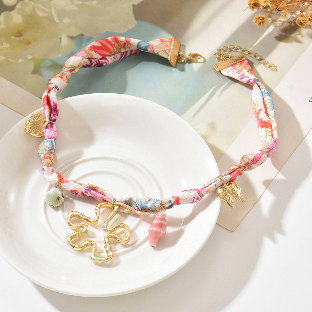 hot-selling flower pendant necklace for women, bohemia resort style, conch, high-end silk scarf, fabric clavicle chain