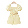 Summer girls' outfit for export: yellow bubble sleeve romper with shorts and belted ribbed knit pants set