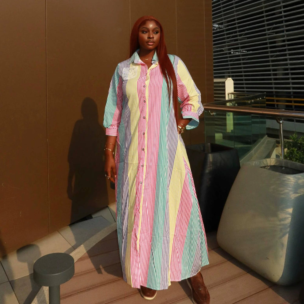 European and american cross-border african women's clothing  summer new fashion turn-down collar striped loose longline shirt dress