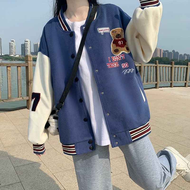 American baseball jersey student jacket women's autumn and winter new trendy brand loose and comfortable top thickened version color matching retro